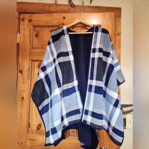 Woolrich Reversible Blue Plaid Open Front Poncho, One Size
